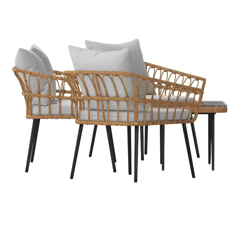 Merrick Lane Four Piece Indoor/Outdoor Boho Open Weave Natural Rattan Rope Patio Set with Two Chairs, Loveseat and Table with Cushions