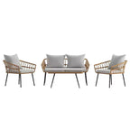 Merrick Lane Four Piece Indoor/Outdoor Boho Open Weave Natural Rattan Rope Patio Set with Two Chairs, Loveseat and Table with Cushions