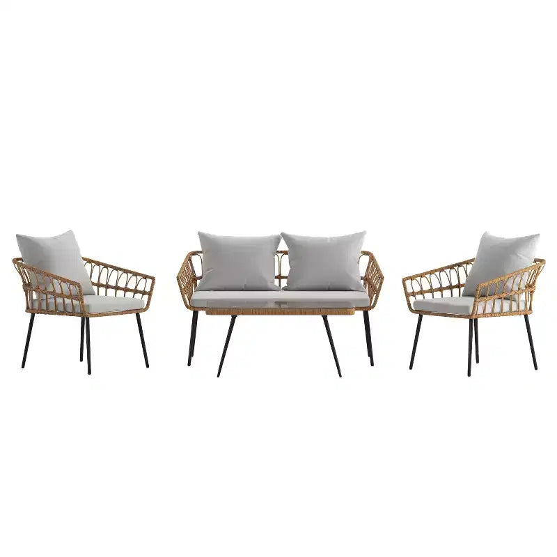 Merrick Lane Four Piece Indoor/Outdoor Boho Open Weave Natural Rattan Rope Patio Set with Two Chairs, Loveseat and Table with Cushions