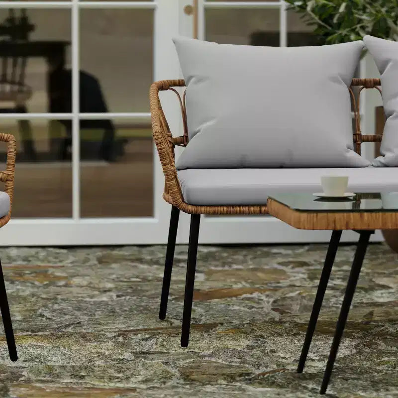 Merrick Lane Four Piece Indoor/Outdoor Boho Open Weave Natural Rattan Rope Patio Set with Two Chairs, Loveseat and Table with Cushions