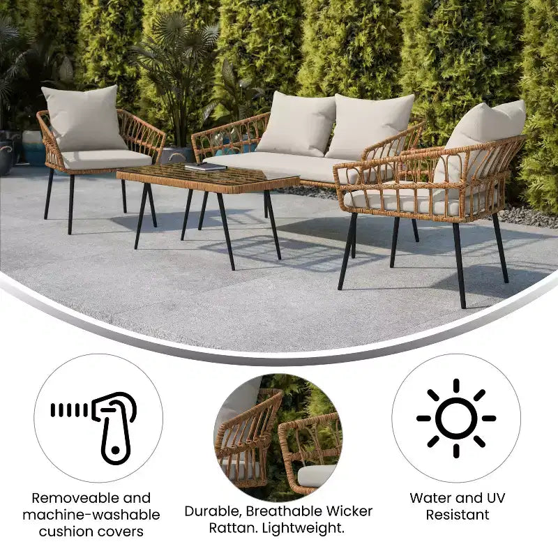 Merrick Lane Four Piece Indoor/Outdoor Boho Open Weave Natural Rattan Rope Patio Set with Two Chairs, Loveseat and Table with Cushions