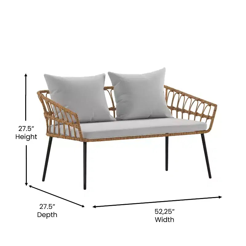 Merrick Lane Four Piece Indoor/Outdoor Boho Open Weave Natural Rattan Rope Patio Set with Two Chairs, Loveseat and Table with Cushions