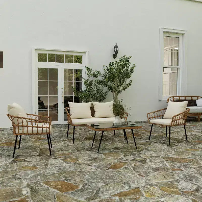 Merrick Lane Four Piece Indoor/Outdoor Boho Open Weave Natural Rattan Rope Patio Set with Two Chairs, Loveseat and Table with Cushions