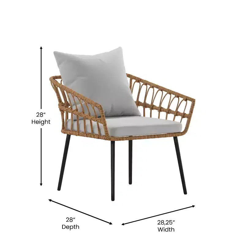 Merrick Lane Four Piece Indoor/Outdoor Boho Open Weave Natural Rattan Rope Patio Set with Two Chairs, Loveseat and Table with Cushions