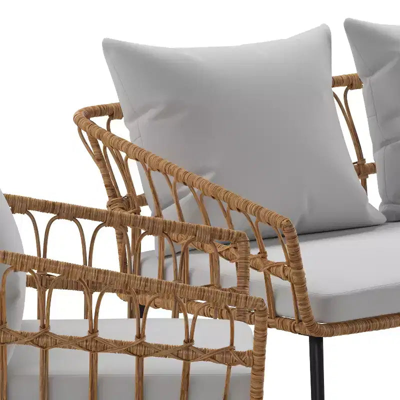 Merrick Lane Four Piece Indoor/Outdoor Boho Open Weave Natural Rattan Rope Patio Set with Two Chairs, Loveseat and Table with Cushions