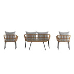 Merrick Lane Four Piece Indoor/Outdoor Boho Open Weave Natural Rattan Rope Patio Set with Two Chairs, Loveseat and Table with Cushions