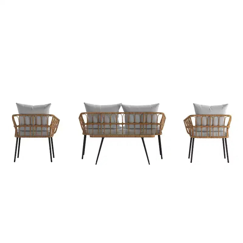 Merrick Lane Four Piece Indoor/Outdoor Boho Open Weave Natural Rattan Rope Patio Set with Two Chairs, Loveseat and Table with Cushions