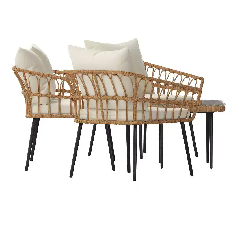 Merrick Lane Four Piece Indoor/Outdoor Boho Open Weave Natural Rattan Rope Patio Set with Two Chairs, Loveseat and Table with Cushions
