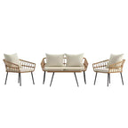Merrick Lane Four Piece Indoor/Outdoor Boho Open Weave Natural Rattan Rope Patio Set with Two Chairs, Loveseat and Table with Cushions