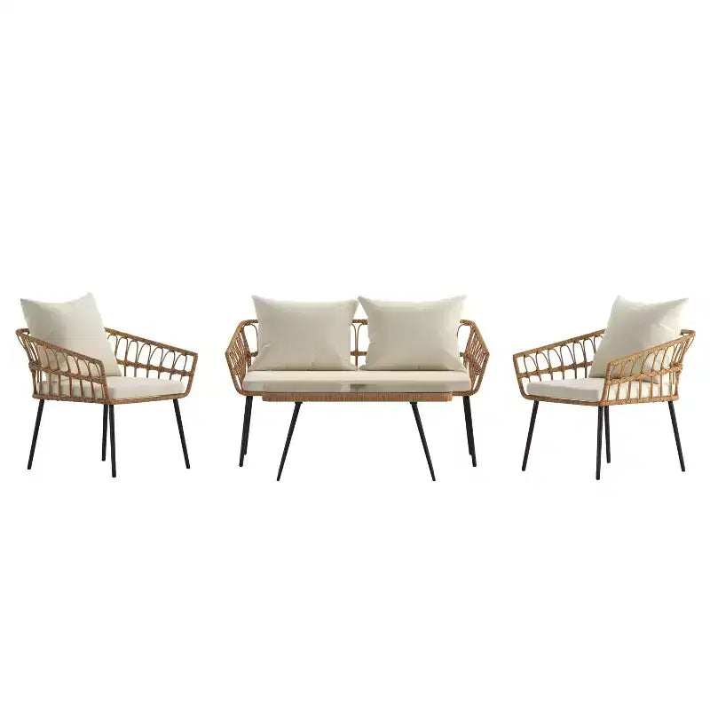 Merrick Lane Four Piece Indoor/Outdoor Boho Open Weave Natural Rattan Rope Patio Set with Two Chairs, Loveseat and Table with Cushions