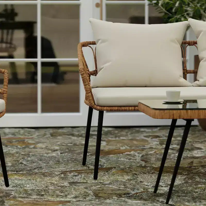 Merrick Lane Four Piece Indoor/Outdoor Boho Open Weave Natural Rattan Rope Patio Set with Two Chairs, Loveseat and Table with Cushions