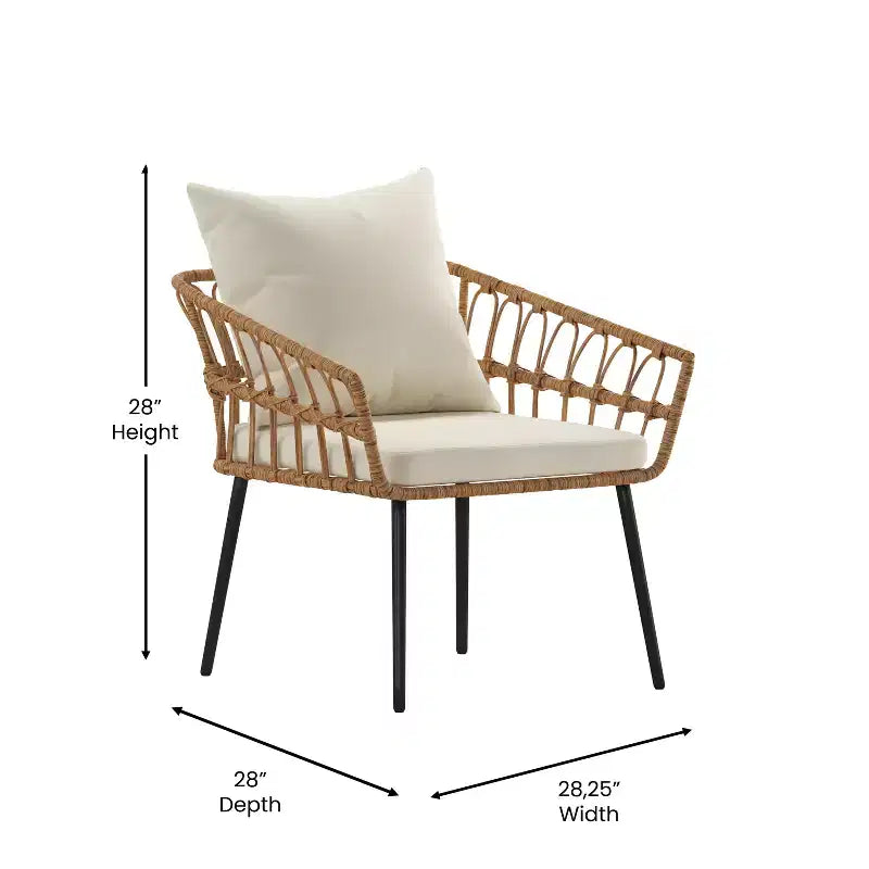 Merrick Lane Four Piece Indoor/Outdoor Boho Open Weave Natural Rattan Rope Patio Set with Two Chairs, Loveseat and Table with Cushions