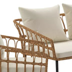 Merrick Lane Four Piece Indoor/Outdoor Boho Open Weave Natural Rattan Rope Patio Set with Two Chairs, Loveseat and Table with Cushions