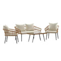 Merrick Lane Four Piece Indoor/Outdoor Boho Open Weave Natural Rattan Rope Patio Set with Two Chairs, Loveseat and Table with Cushions