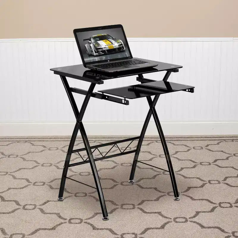 Bureau d'ordinateur Emma et Oliver en verre trempé avec tablette coulissante pour clavier