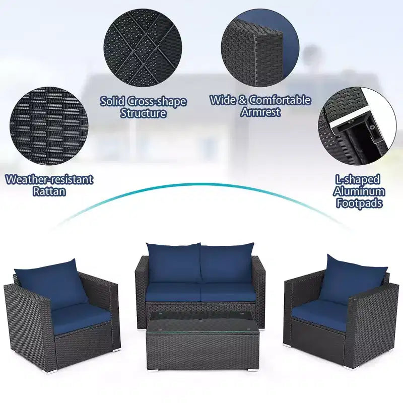 Costway 4PCS Patio Rattan Furniture Set Cushioned Sofa Loveseat with Navy & Turquoise Cover