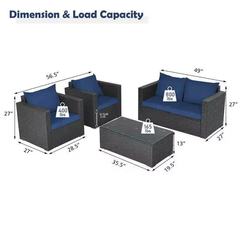 Costway 4PCS Patio Rattan Furniture Set Cushioned Sofa Loveseat with Navy & Turquoise Cover