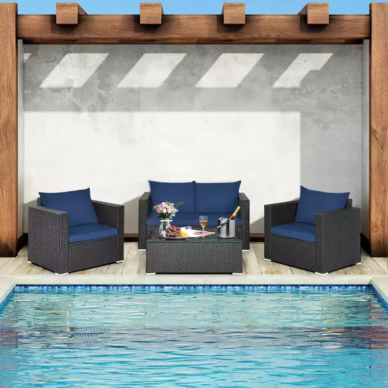 Costway 4PCS Patio Rattan Furniture Set Cushioned Sofa Loveseat with Navy & Turquoise Cover