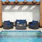 Costway 4PCS Patio Rattan Furniture Set Cushioned Sofa Loveseat with Navy & Turquoise Cover