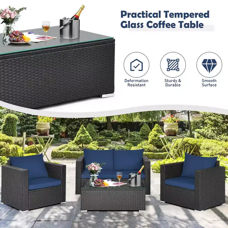 Costway 4PCS Patio Rattan Furniture Set Cushioned Sofa Loveseat with Navy & Turquoise Cover