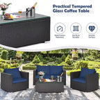Costway 4PCS Patio Rattan Furniture Set Cushioned Sofa Loveseat with Navy & Turquoise Cover