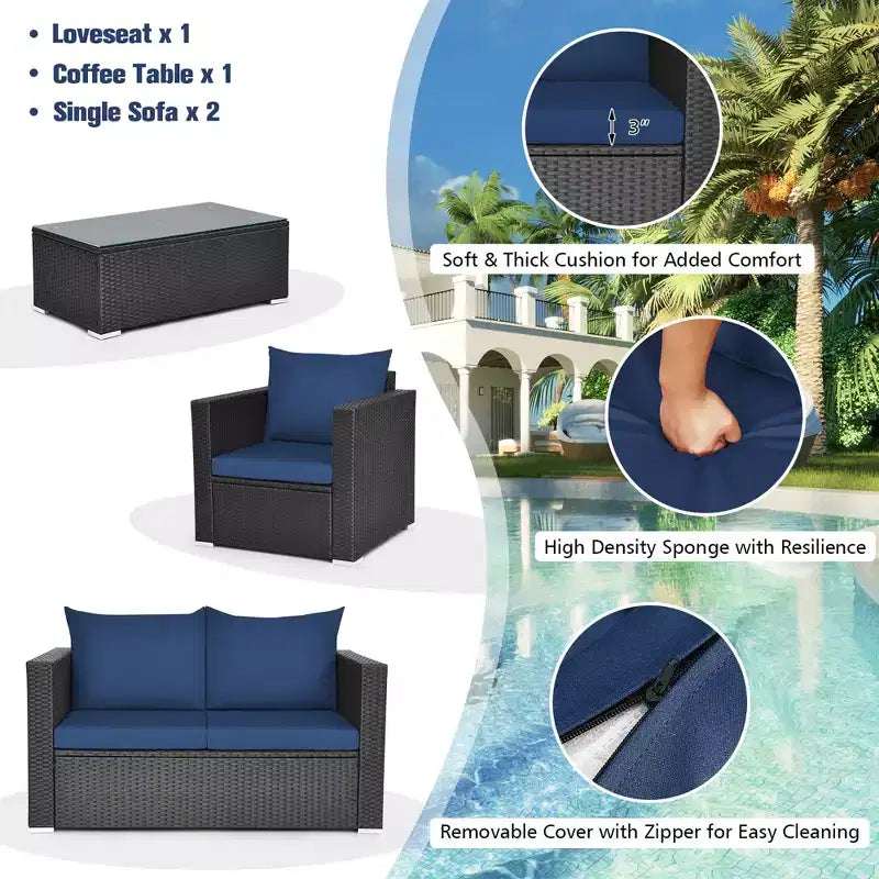 Costway 4PCS Patio Rattan Furniture Set Cushioned Sofa Loveseat with Navy & Turquoise Cover