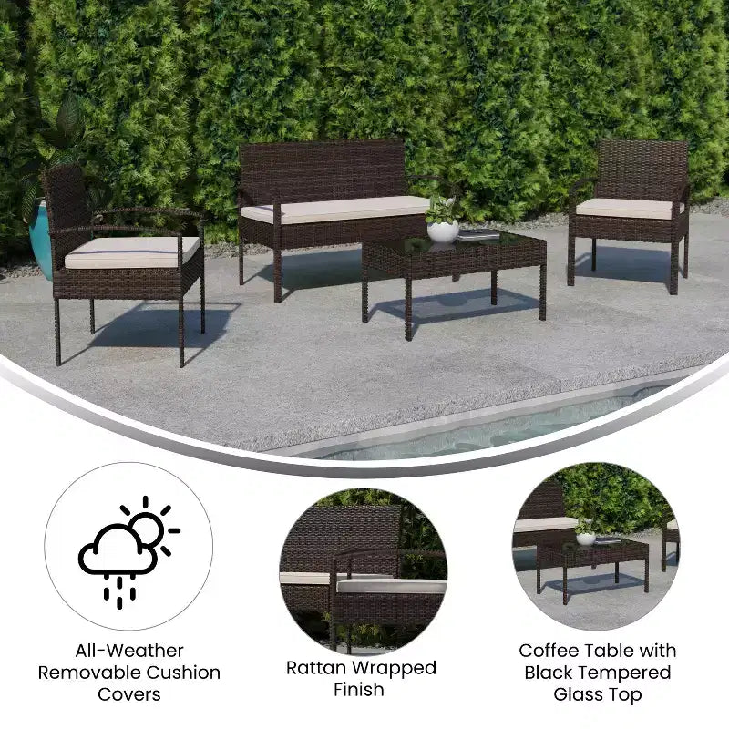 Flash Furniture Aransas Series 4 Piece Patio Set with Steel Frame and Cushions