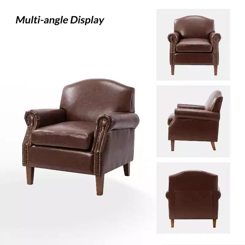 Fauteuil Gianluigi en similicuir végane de transition avec clous décoratifs et pieds en bois massif pour la chambre et le salon | ART OF LIVING DESIGNS