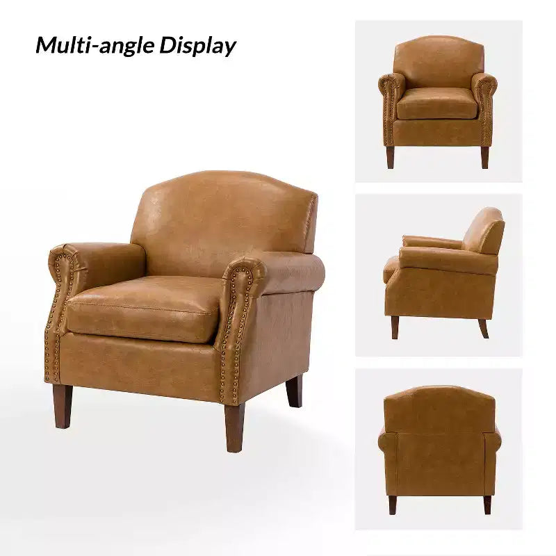 Fauteuil Gianluigi en similicuir végane de transition avec clous décoratifs et pieds en bois massif pour la chambre et le salon | ART OF LIVING DESIGNS