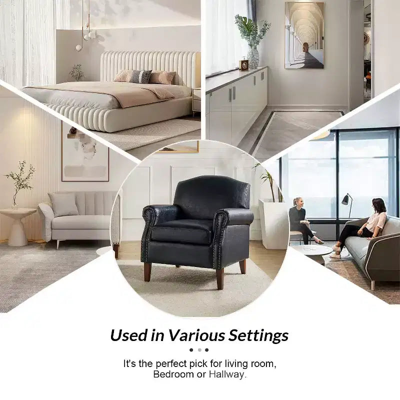 Fauteuil Gianluigi en similicuir végane de transition avec clous décoratifs et pieds en bois massif pour la chambre et le salon | ART OF LIVING DESIGNS