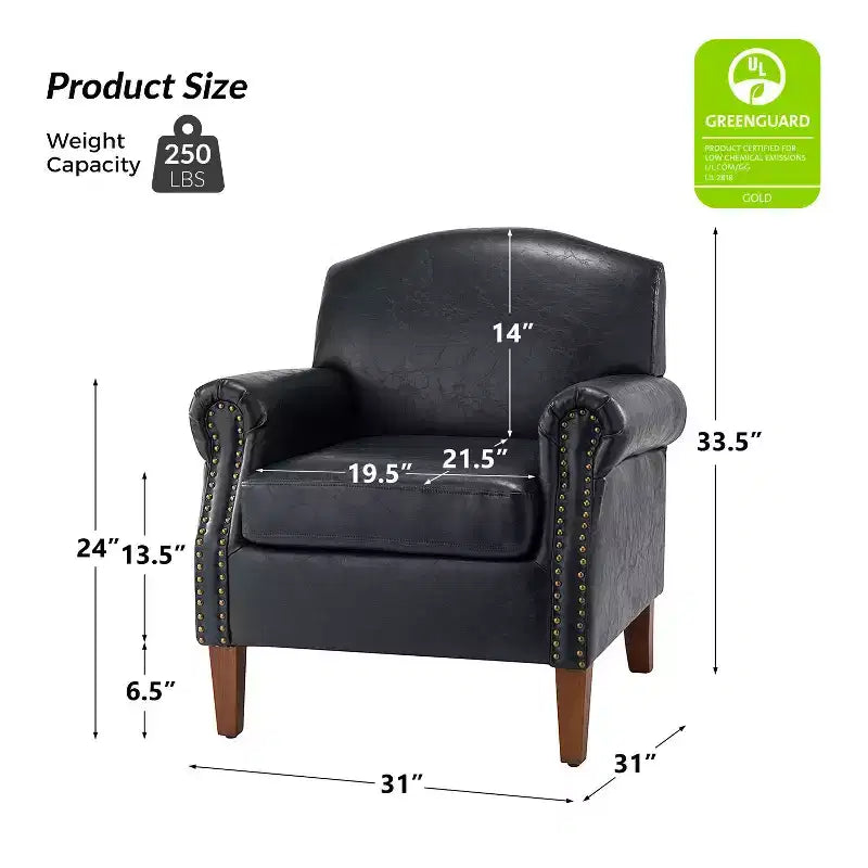 Fauteuil Gianluigi en similicuir végane de transition avec clous décoratifs et pieds en bois massif pour la chambre et le salon | ART OF LIVING DESIGNS