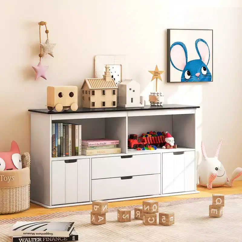 Costway Kids Toy Storage Organizer Wooden Bookshelf TV Stand with Drawers Blackboard Top