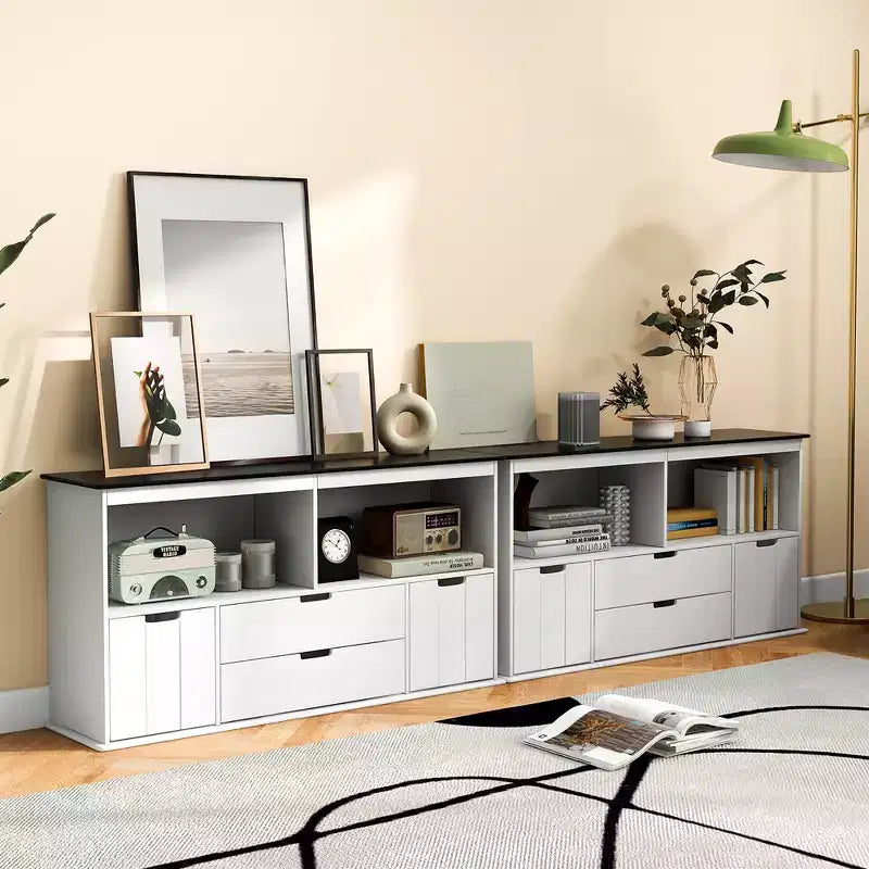 Costway Kids Toy Storage Organizer Wooden Bookshelf TV Stand with Drawers Blackboard Top