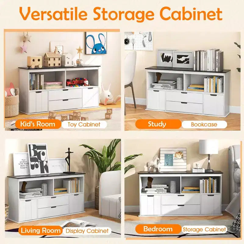 Costway Kids Toy Storage Organizer Wooden Bookshelf TV Stand with Drawers Blackboard Top