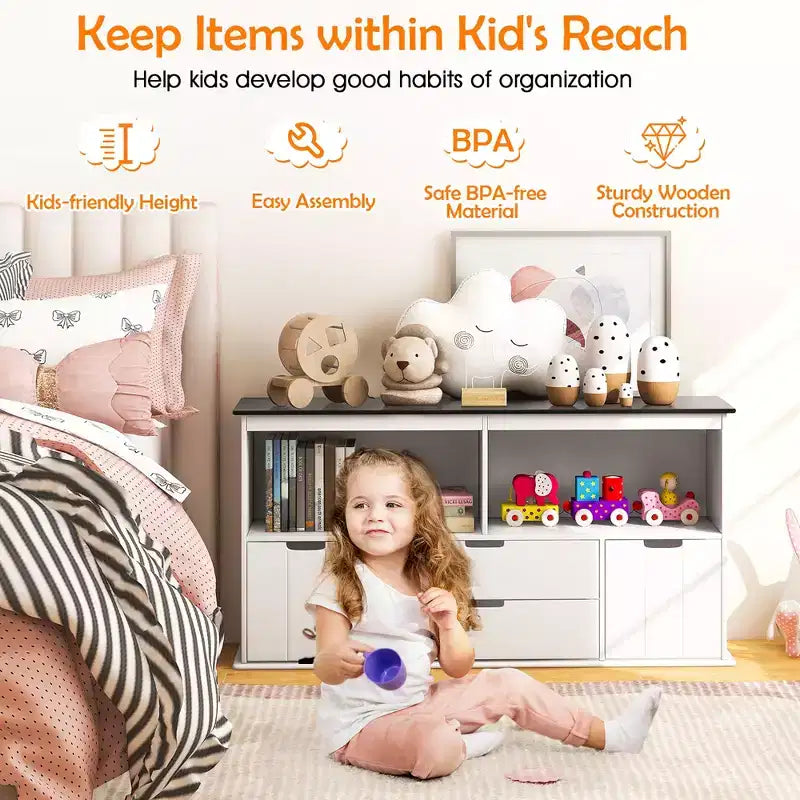 Costway Kids Toy Storage Organizer Wooden Bookshelf TV Stand with Drawers Blackboard Top