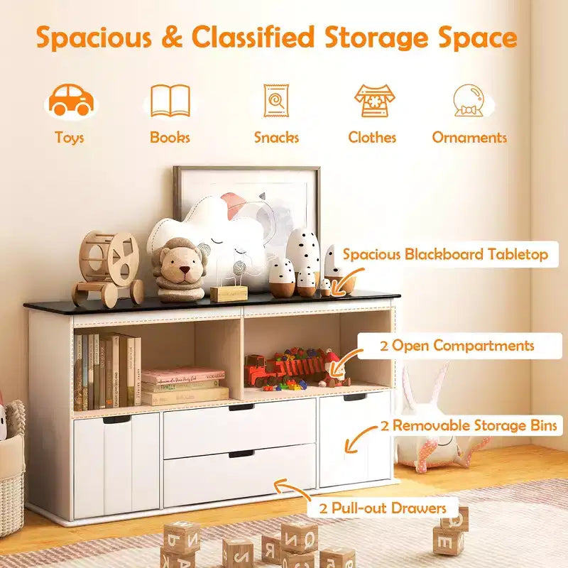 Costway Kids Toy Storage Organizer Wooden Bookshelf TV Stand with Drawers Blackboard Top