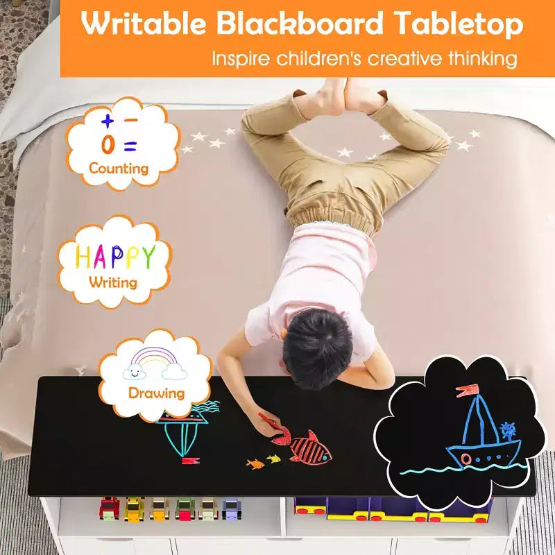 Costway Kids Toy Storage Organizer Wooden Bookshelf TV Stand with Drawers Blackboard Top