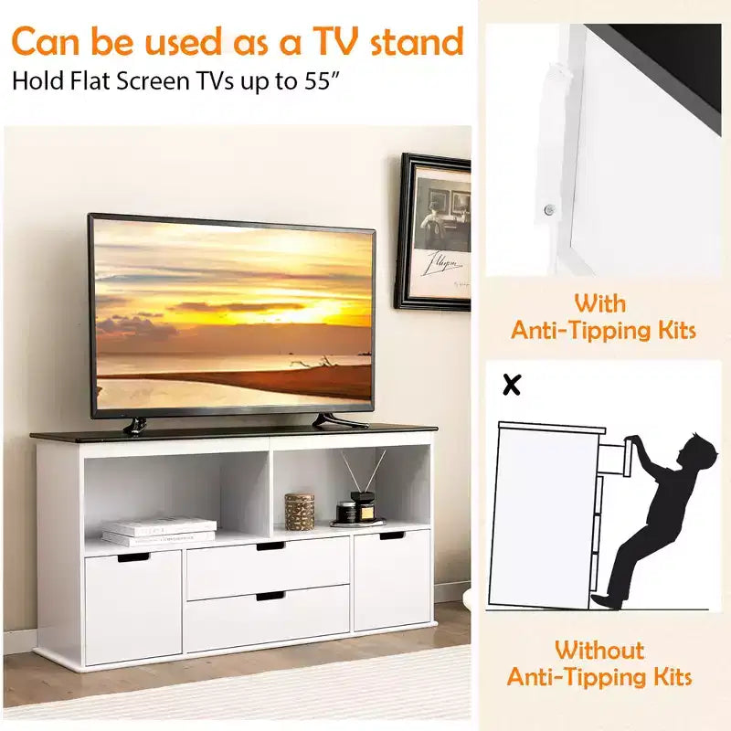 Costway Kids Toy Storage Organizer Wooden Bookshelf TV Stand with Drawers Blackboard Top