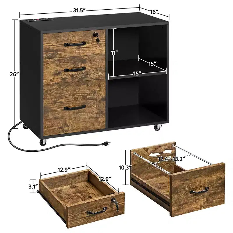 Yaheetech 3-Drawer Vintage File Cabinet with Socket and USB Charging Port Black/Rustic Brown