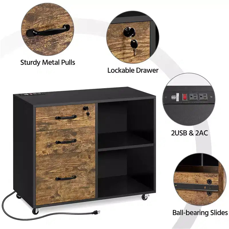 Yaheetech 3-Drawer Vintage File Cabinet with Socket and USB Charging Port Black/Rustic Brown
