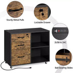 Yaheetech 3-Drawer Vintage File Cabinet with Socket and USB Charging Port Black/Rustic Brown