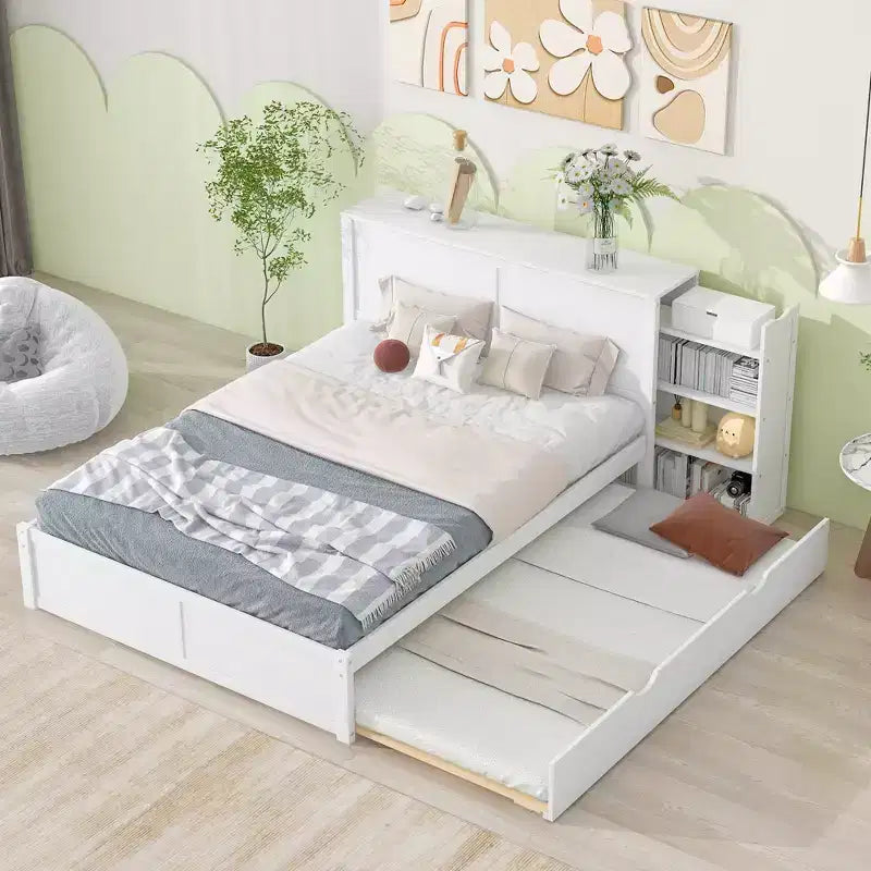 Storage Platform Bed with Pull Out Shelves and Twin Size Trundle Bed-ModernLuxe