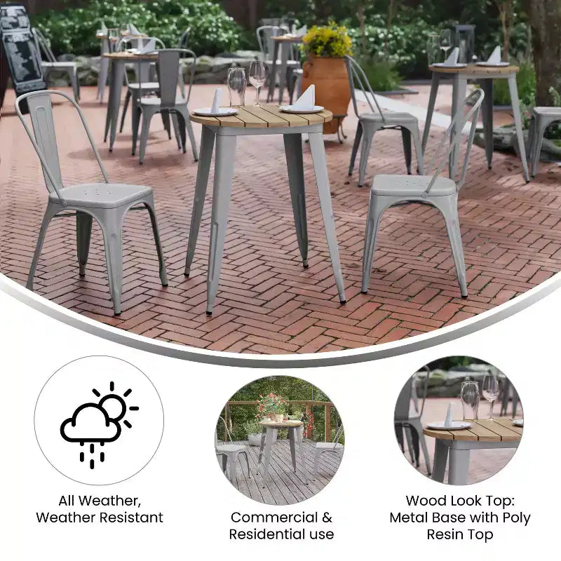 Table à manger Merrick Lane intérieure/extérieure, plateau rond en polyrésine toutes saisons de 23,75 po avec base en acier
