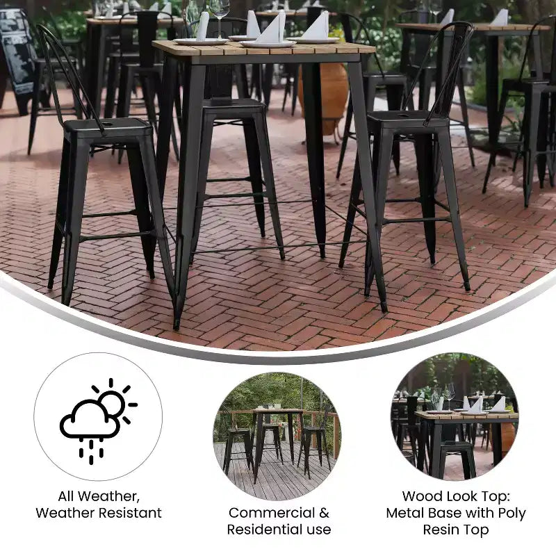 Table de bar intérieure/extérieure Emma et Oliver, plateau carré de 31,5 po en résine polymère tout temps avec base en acier