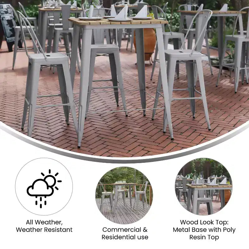 Table de bar intérieure/extérieure Emma et Oliver, plateau carré de 31,5 po en résine polymère tout temps avec base en acier