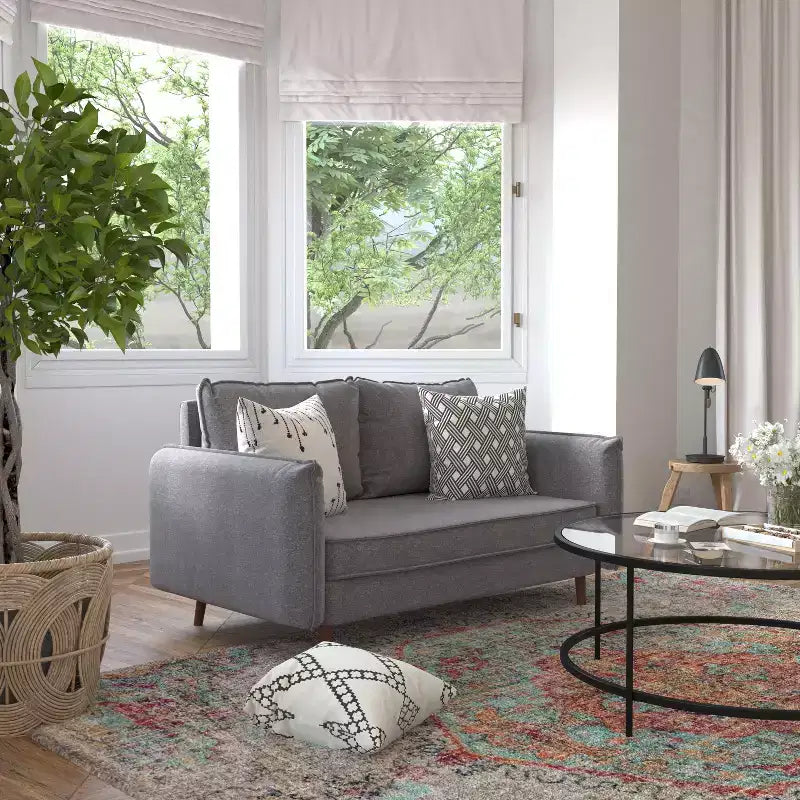 Emma and Oliver Upholstered Mid-Century Modern Pocket Spring Loveseat with Wooden Legs and Removable Back Cushions