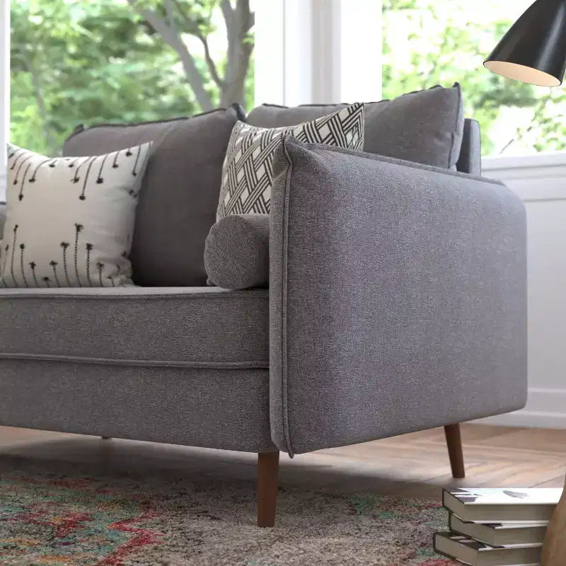 Emma and Oliver Upholstered Mid-Century Modern Pocket Spring Loveseat with Wooden Legs and Removable Back Cushions