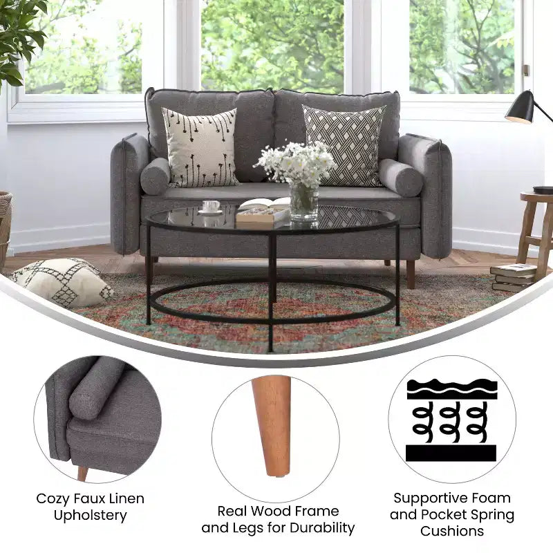 Emma and Oliver Upholstered Mid-Century Modern Pocket Spring Loveseat with Wooden Legs and Removable Back Cushions