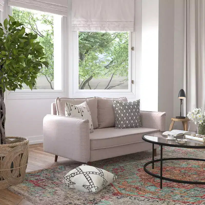 Emma and Oliver Upholstered Mid-Century Modern Pocket Spring Loveseat with Wooden Legs and Removable Back Cushions