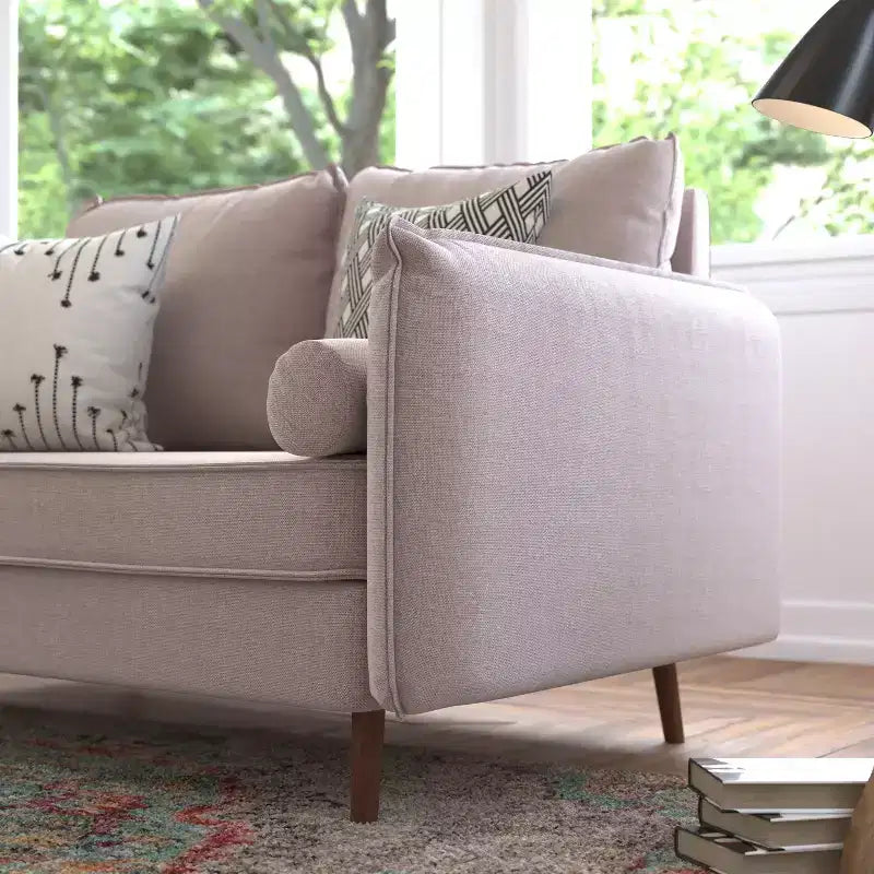 Emma and Oliver Upholstered Mid-Century Modern Pocket Spring Loveseat with Wooden Legs and Removable Back Cushions
